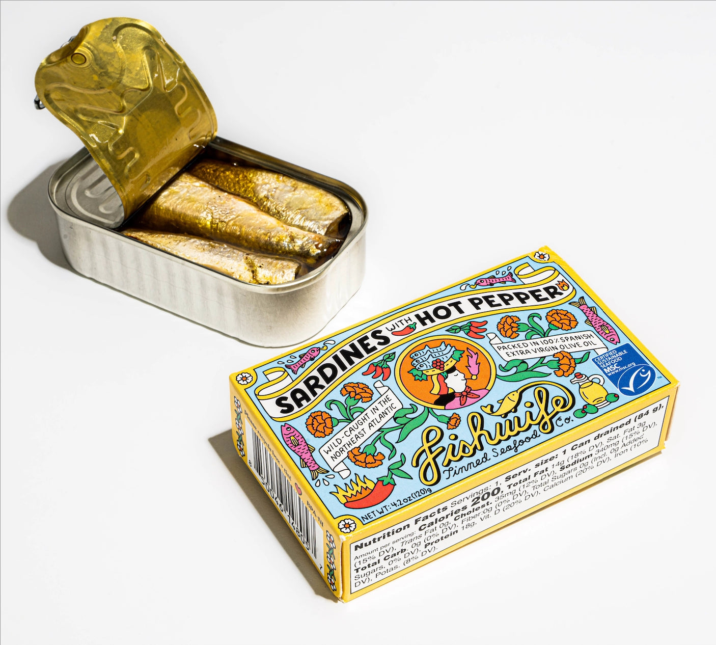 Fishwife Sardines with Hot Pepper tinned fish on a neutral background.