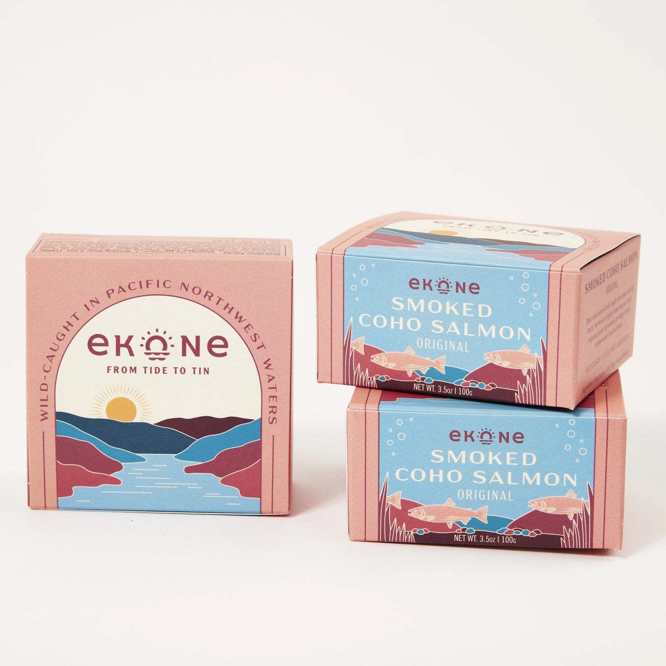 Ekone Smoked Coho Salmon tinned fish packaging on a neutral background.