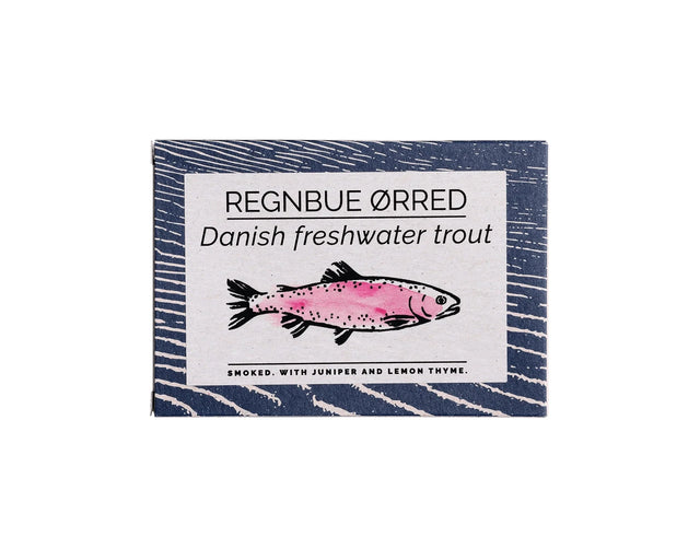 Packaging of Fangst Danish Smoked Trout with Juniper & Lemon Thyme with a fish illustration on a white background.