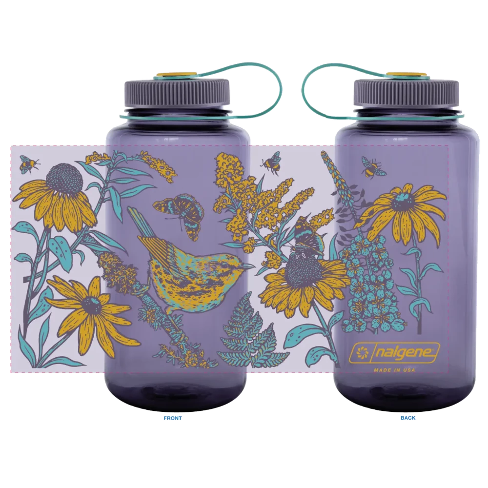 Mustard Beetle 32oz Nalgene bottle with the Prairie Warbler design, featuring a bird and flowers on a lavender colored Nalgene bottle.