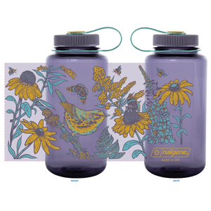 Mustard Beetle 32oz Nalgene bottle with the Prairie Warbler design, featuring a bird and flowers on a lavender colored Nalgene bottle.