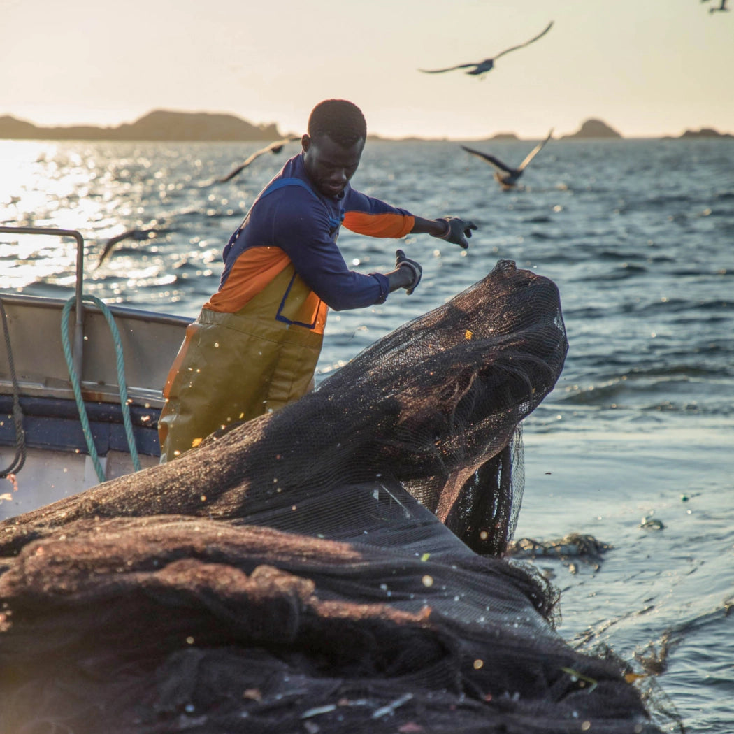 Person handling a large fish net on a boat with water and sky in the background