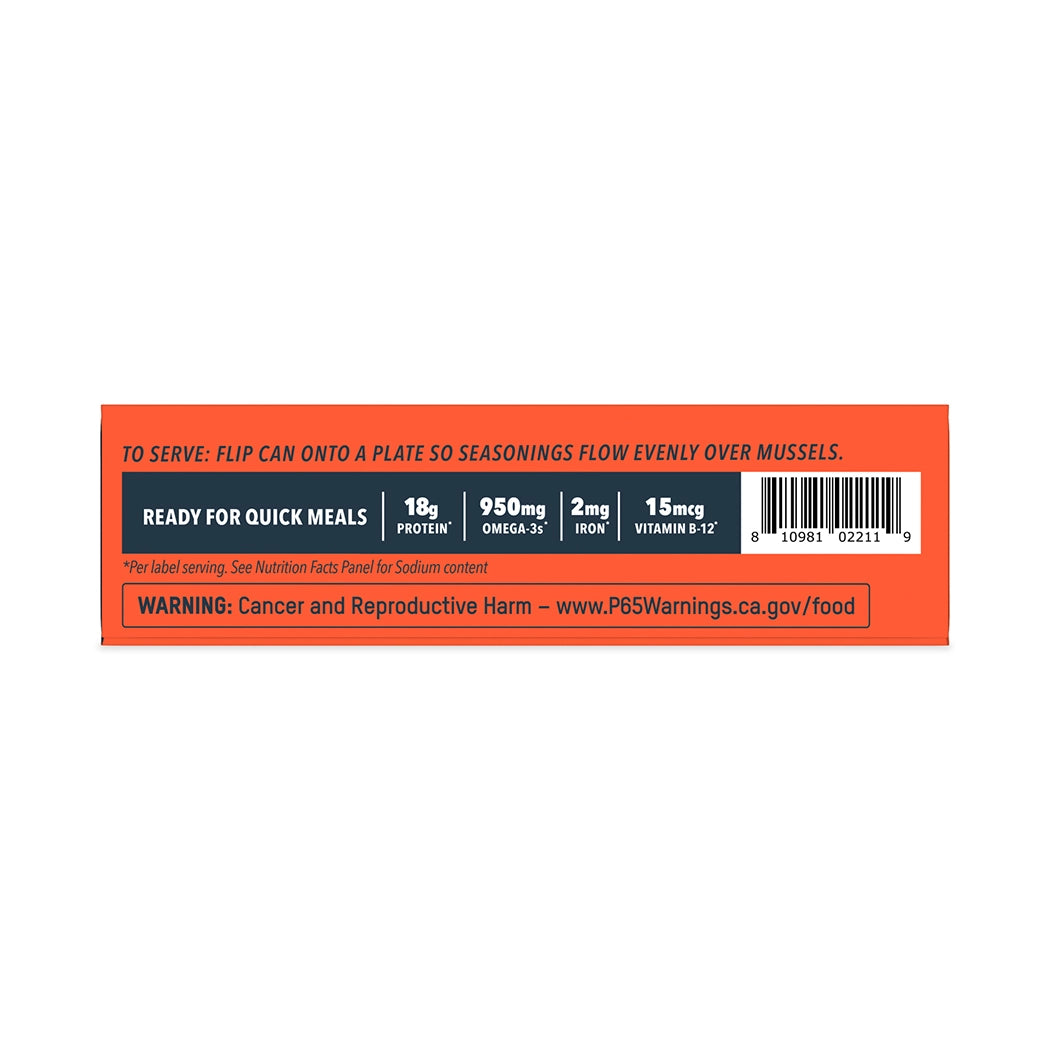 Patagonia Provisions Spicy Mussels tinned fish packaging on a neutral background.