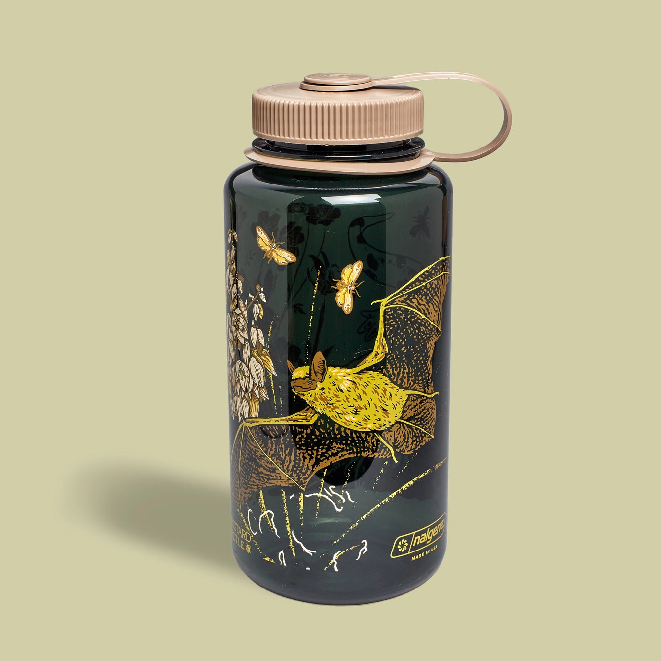 Mustard Beetle Vernal 32oz Nalgene water bottle on a neutral background.