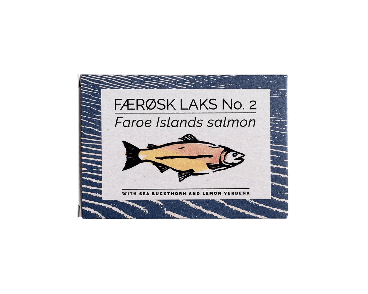 Packaging for Fangst Faroe Islands Salmon with Sea Buckthorn & Lemon Verbena with a fish illustration on a white background