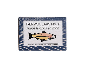 Packaging for Fangst Faroe Islands Salmon with Sea Buckthorn & Lemon Verbena with a fish illustration on a white background