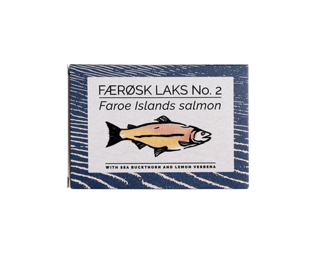 Packaging for Fangst Faroe Islands Salmon with Sea Buckthorn & Lemon Verbena with a fish illustration on a white background