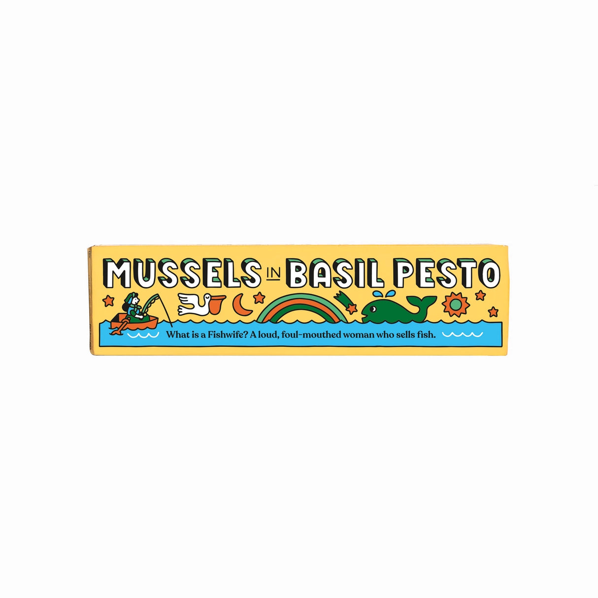 Packaging for Fishwife Mussels in Basil Pesto with colorful design and text.