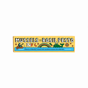 Packaging for Fishwife Mussels in Basil Pesto with colorful design and text.