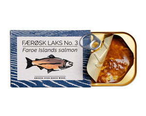Fangst Faroe Islands Salmon Smoked Over Beech Wood with label and fish illustration on a white background