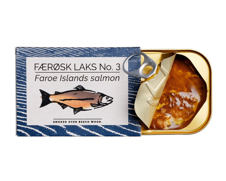 Fangst Faroe Islands Salmon Smoked Over Beech Wood with label and fish illustration on a white background