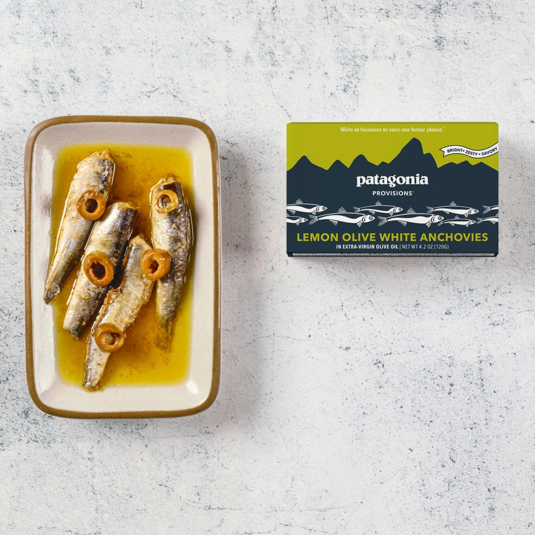 Tray of anchovies with a Patagonia Provisions box on a textured surface