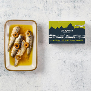 Tray of anchovies with a Patagonia Provisions box on a textured surface