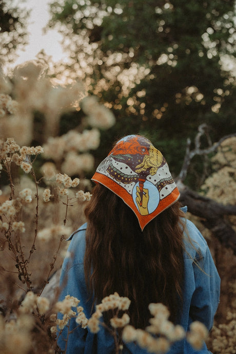 Bandits Creatures of the Night Bandana worn by a woman outdoors.