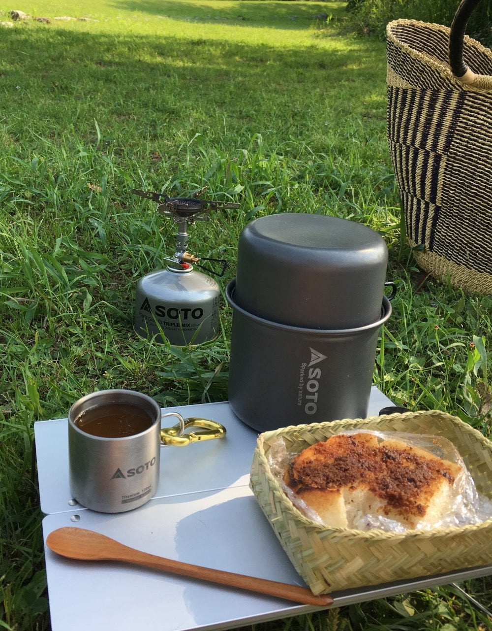 SOTO Outdoors Field Hopper table makes for a perfect mini camp table to keep cookware off the ground.