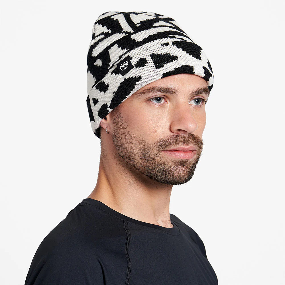 Ciele Athletics CLNBeanie - All Over Loopy Tile in Whitaker being worn on a neutral background.