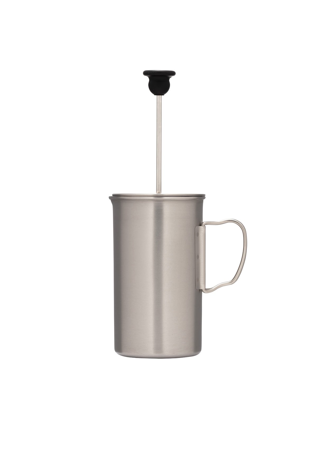 Snow Peak Titanium French Press for camp coffee on a neutral background.