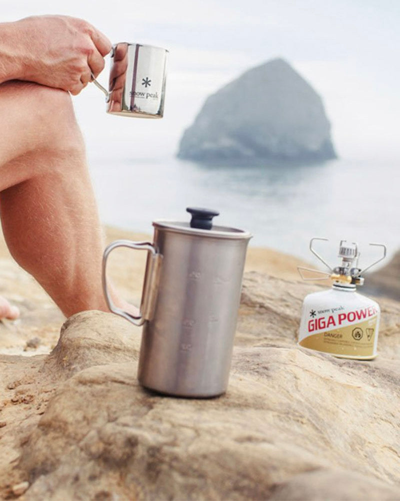 Snow Peak Titanium French Press for camp coffee outdoors.