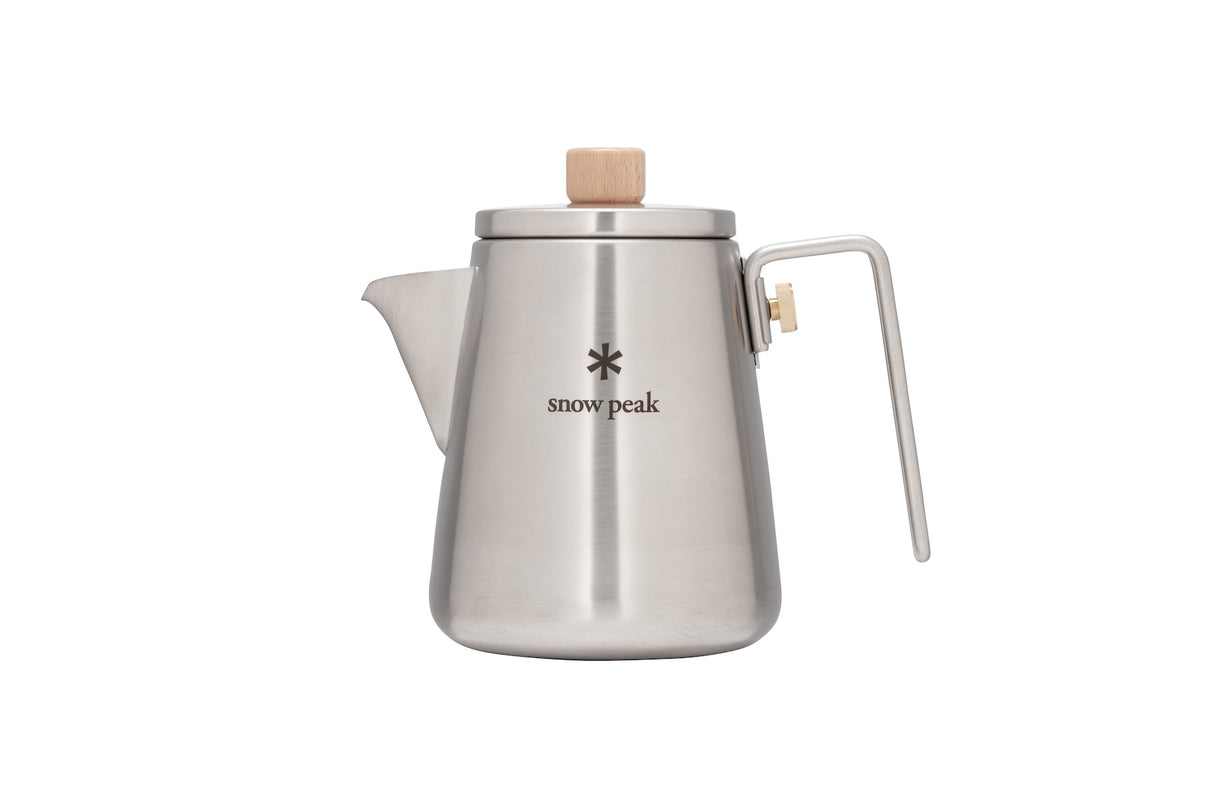 Snow Peak Field Barista Kettle for camp coffee on a neutral background.