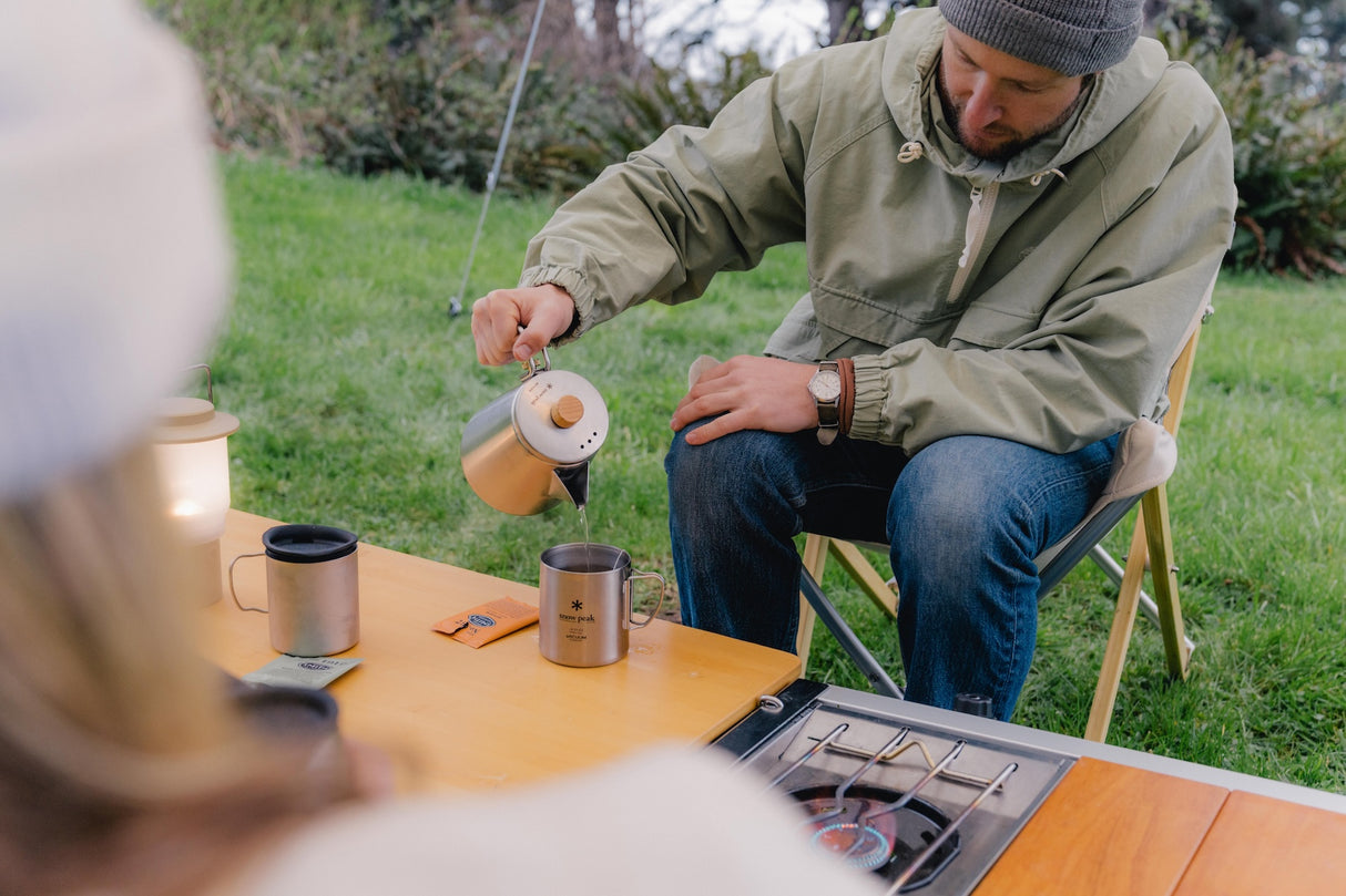 Snow Peak Field Barista Kettle for camp coffee outdoors.