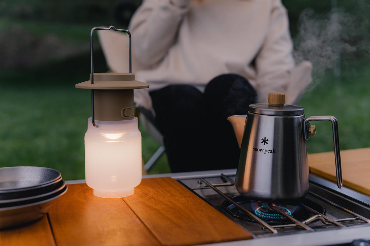 Snow Peak Field Barista Kettle for camp coffee outdoors.