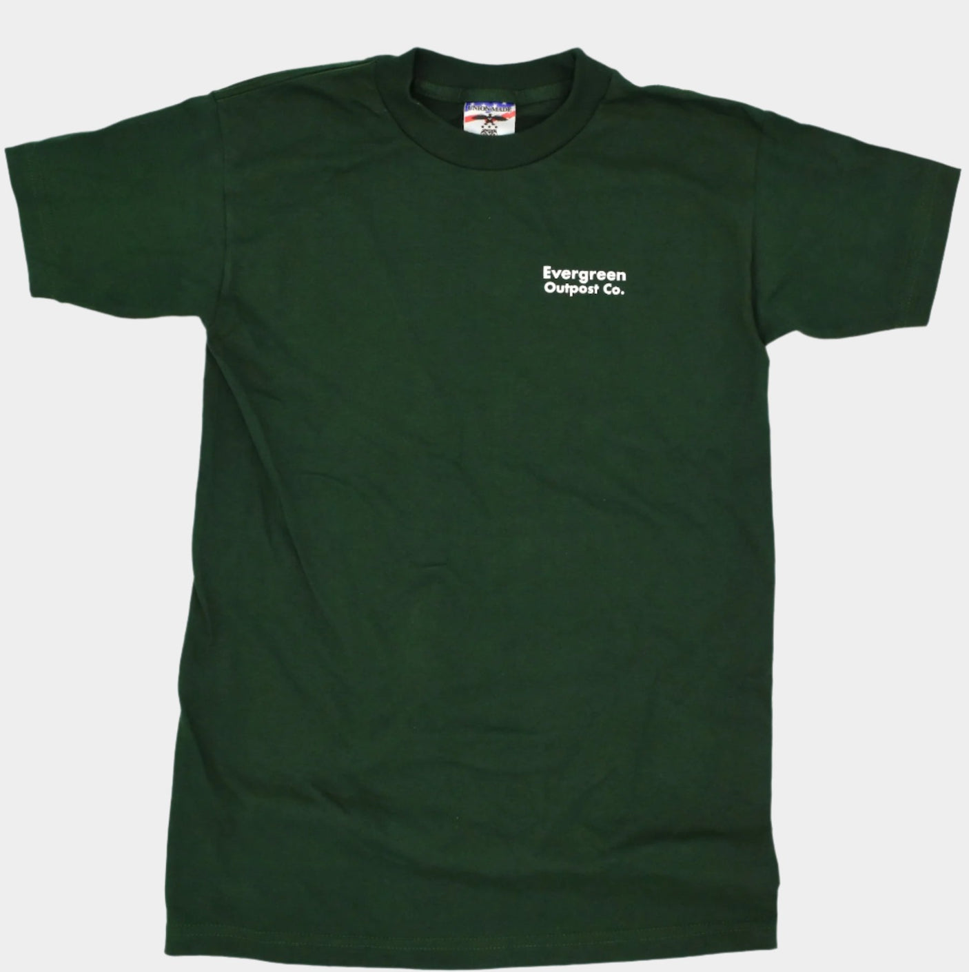 Evergreen Outpost Co. Unisex Heavyweight Logo Tee from the front on a neutral background.