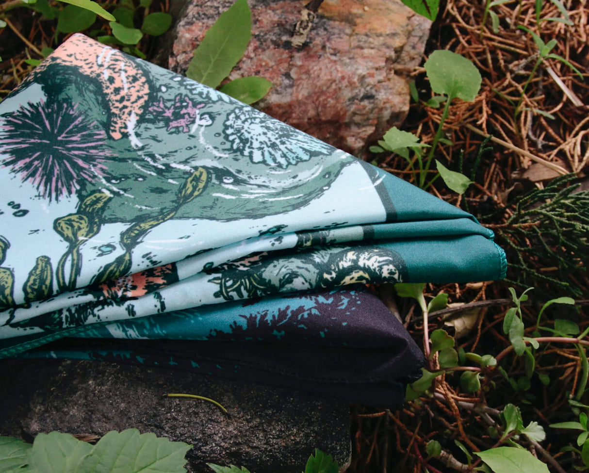 Alpinecho Tide Pool quick-dry bandana on a nature background.