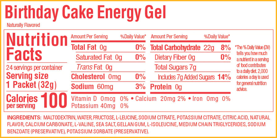 Gu Energy Gel nutritional information for Birthday Cake.