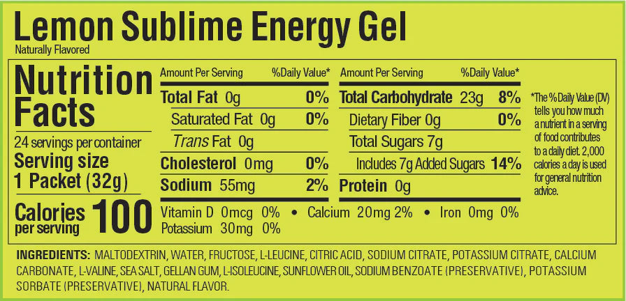 Gu Energy Gel nutritional information for Lemon Sublime.