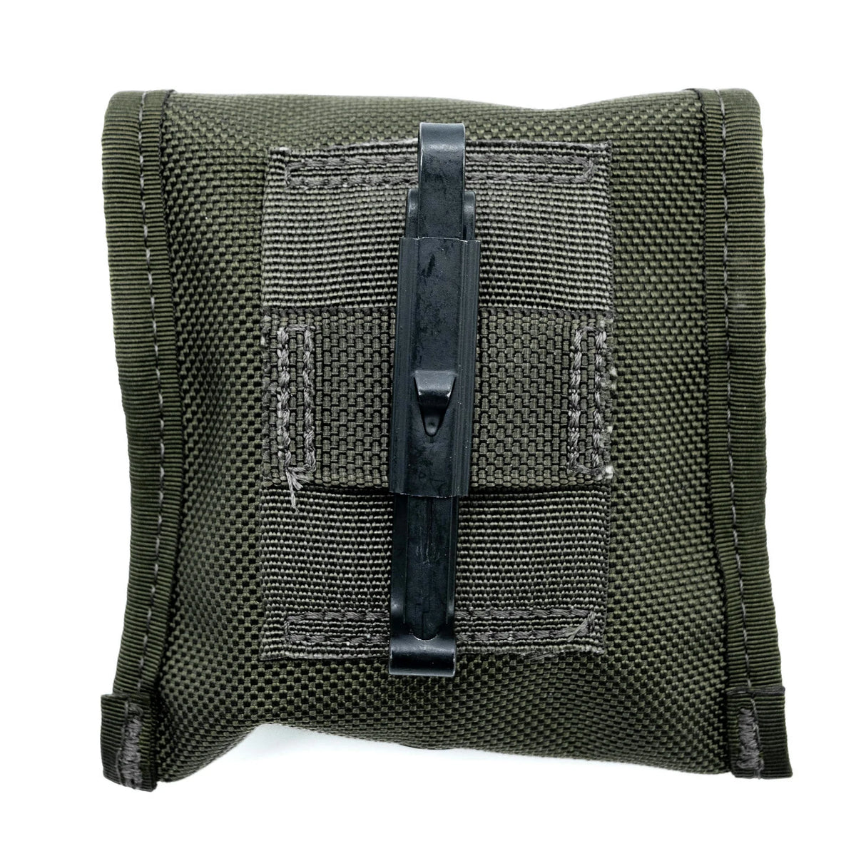 Green tactical pouch with a black clip on a white background