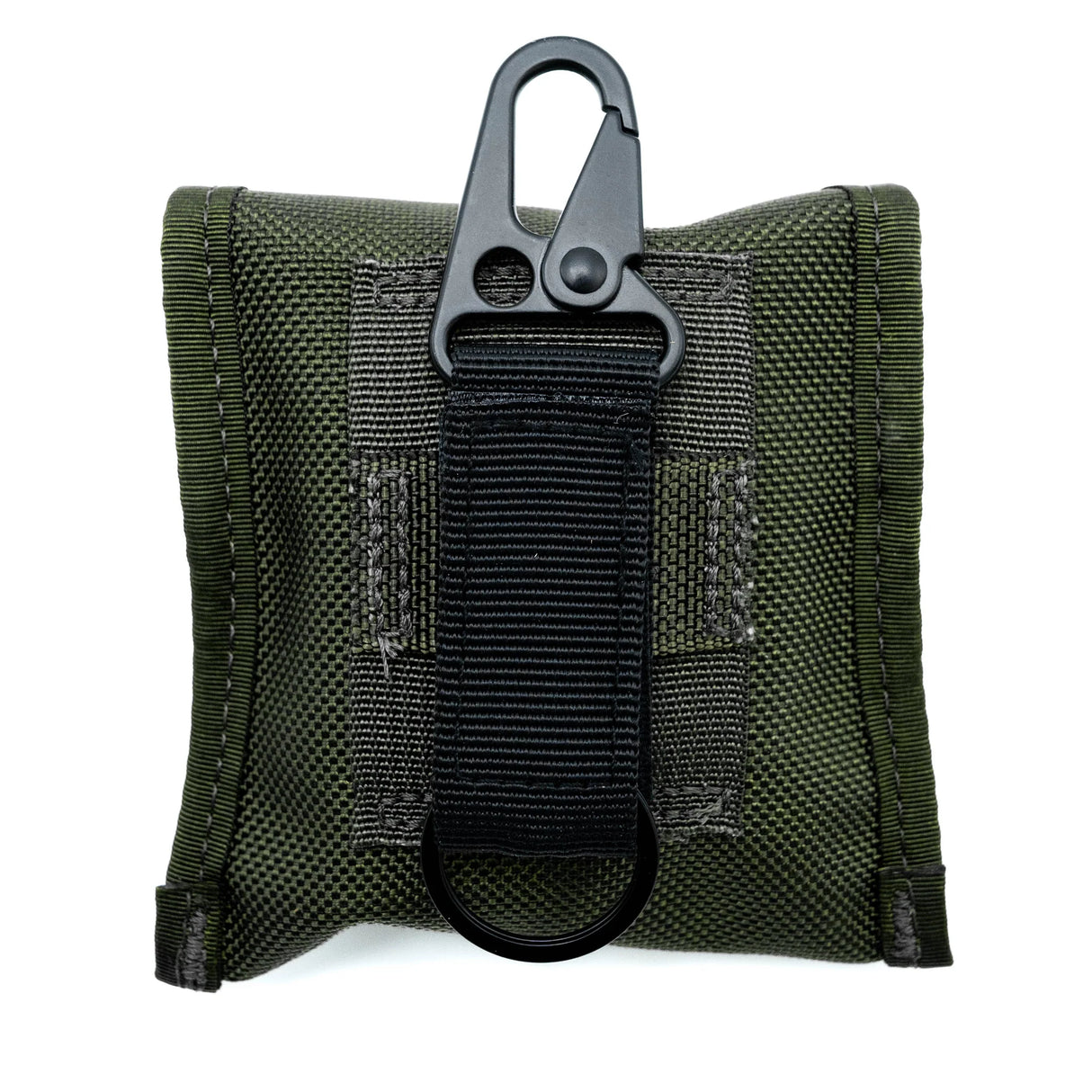 Green tactical pouch with black carabiner and Brunton H-3 Tritium Lensatic Compass on a white background