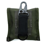 Green tactical pouch with black carabiner and Brunton H-3 Tritium Lensatic Compass on a white background