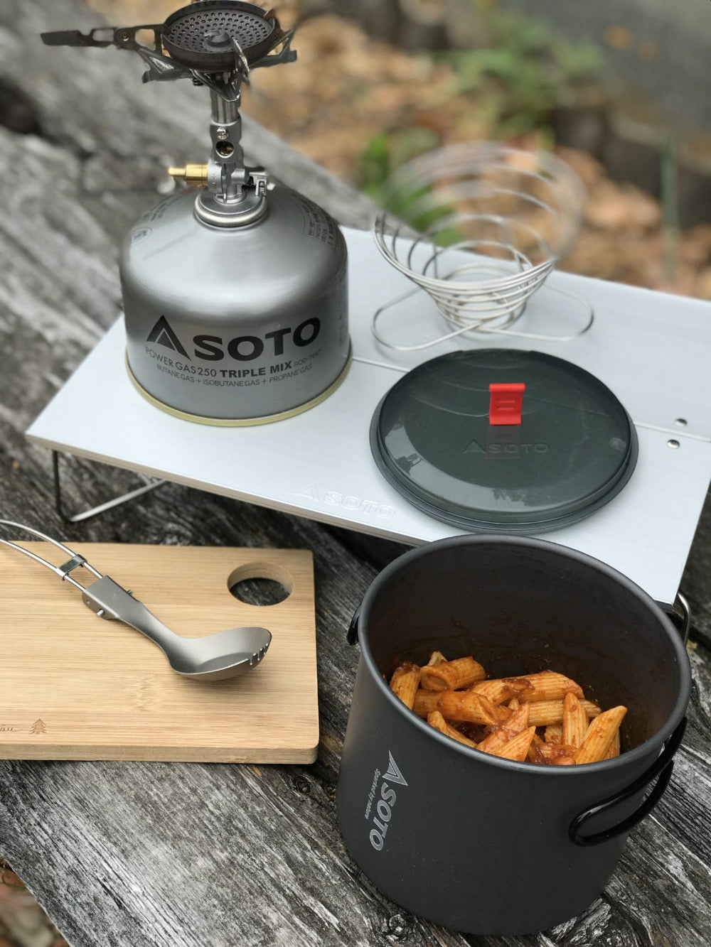 SOTO Outdoors Field Hopper table makes for a perfect mini camp table to keep cookware off the ground.