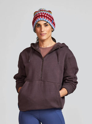 Janji Unisex Runaround Half-Zip Hoodie in Loam from the front being worn on a neutral background.