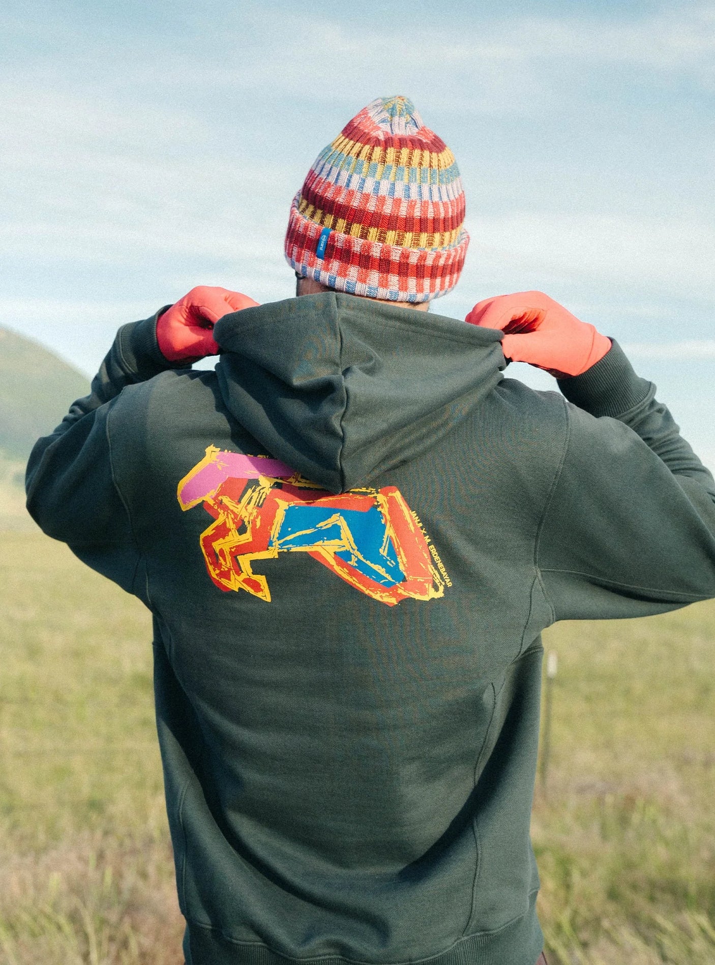 Janji Unisex Runaround Half-Zip Hoodie in Ridgeline Wild Horse from the rear being worn outdoors.