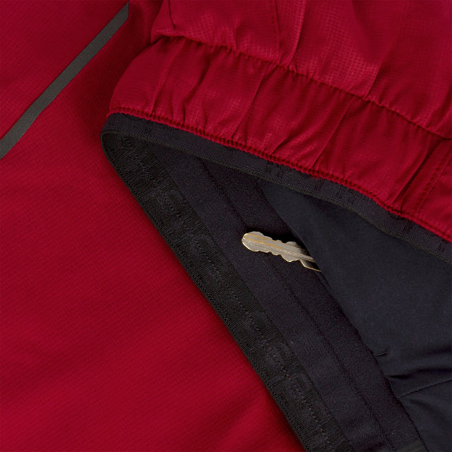 Close-up of Ciele Athletics Men's DLYShort 5" 2-in-1 Running Short in Merlot Red hidden key pocket