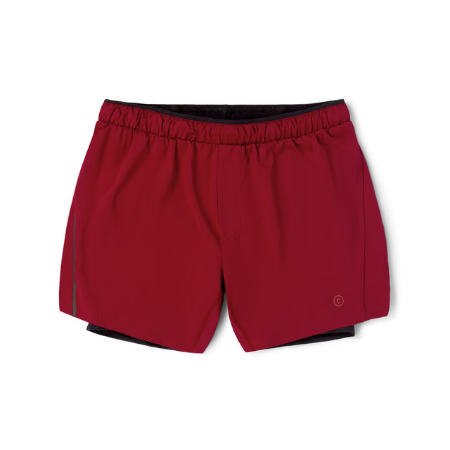 Ciele Athletics Men's DLYShort 5" 2-in-1 Running Short in Merlot Red with black trim on a white background