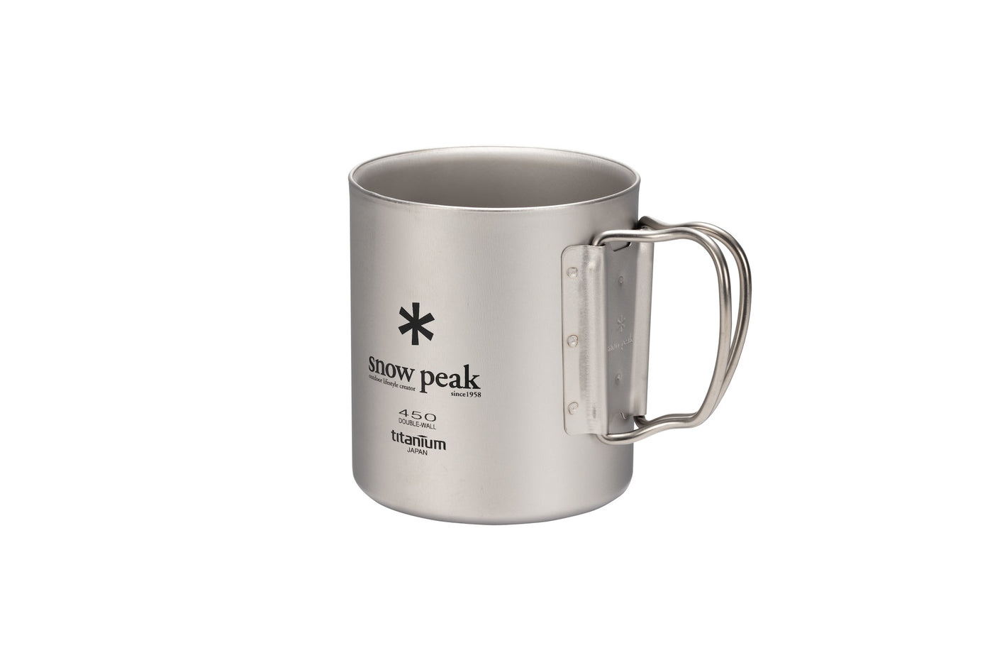 Snow Peak Titanium Ti-Double 450 Mug camp cup on a neutral background.