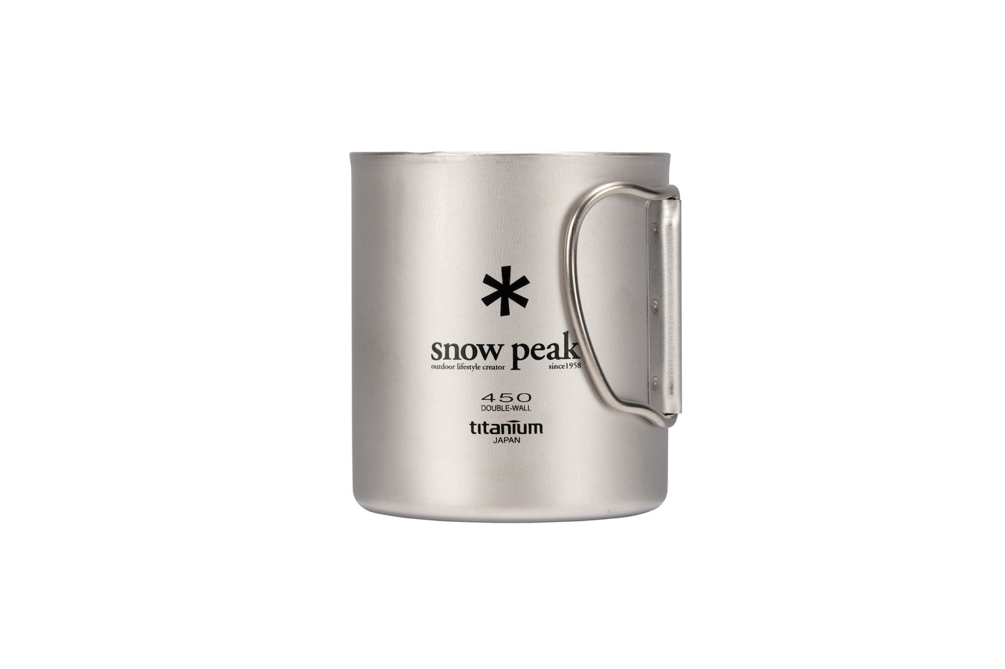 Snow Peak Titanium Ti-Double 450 Mug camp cup on a neutral background.