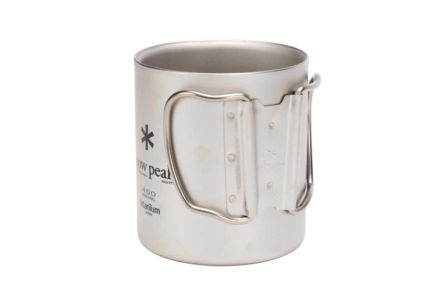 Snow Peak Titanium Ti-Double 450 Mug camp cup on a neutral background.