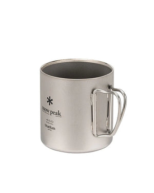 Snow Peak titanium Ti-Double 450 Mug  with handle on a white background, featuring Snow Peak logo.