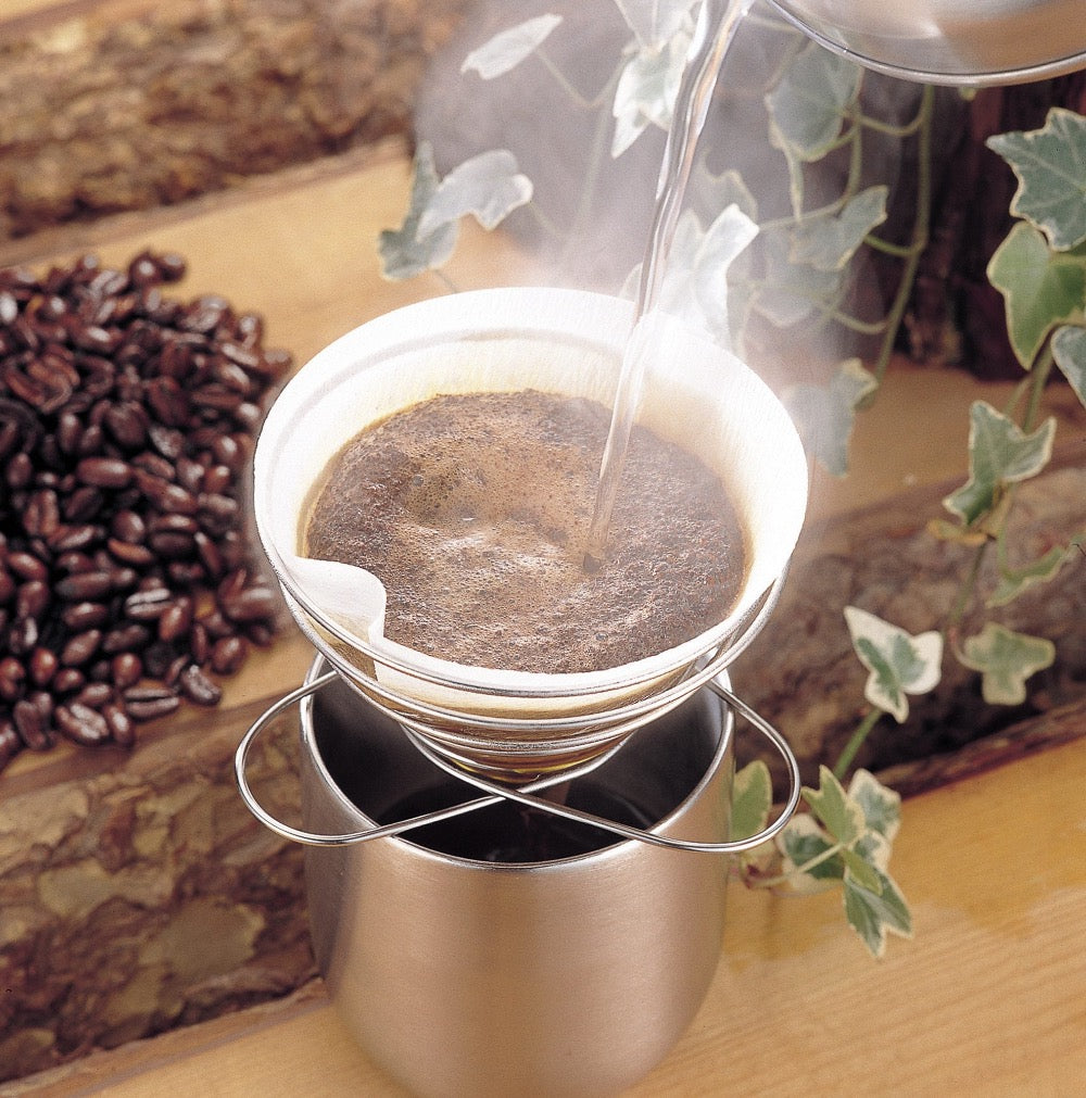 SOTO Outdoors Helix Coffee Maker is a collapsible stainless steel pour over coffee maker.