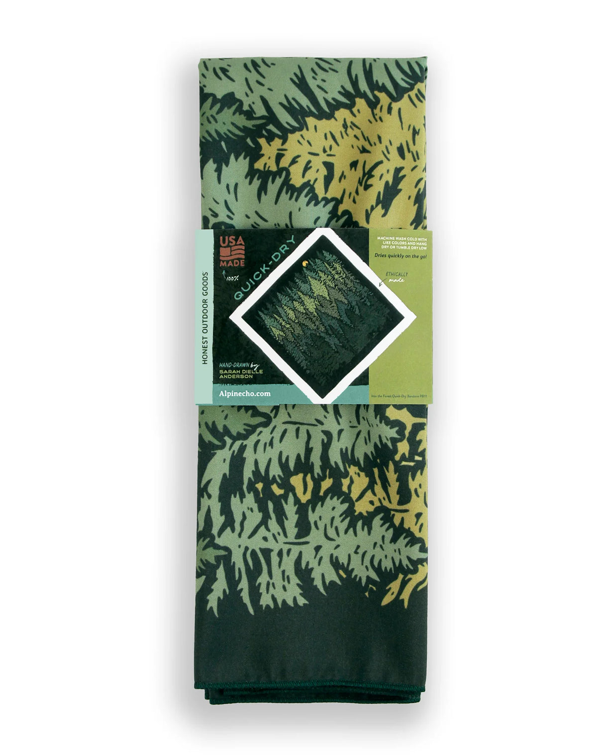 Alpinecho's Into the Forest made in the USA Quick-Dry Bandana packaged on a neutral background.