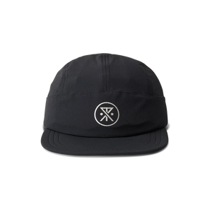 Roark Alta Elite Run Hat Strapback Hat in Black with a logo on a white background