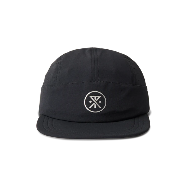 Roark Alta Elite Run Hat Strapback Hat in Black with a logo on a white background