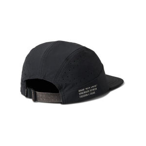 Roark Alta Elite Run Hat Strapback Hat in Black with text on a white background
