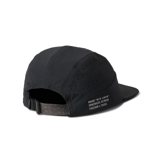 Roark Alta Elite Run Hat Strapback Hat in Black with text on a white background