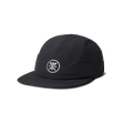 Roark Alta Elite Run Hat Strapback Hat in Black with a white logo on a white background