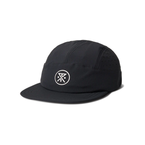 Roark Alta Elite Run Hat Strapback Hat in Black with a white logo on a white background