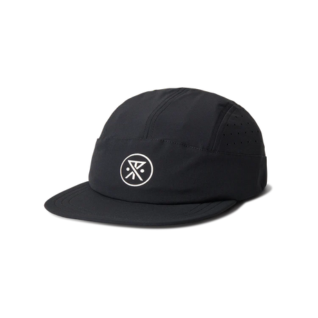 Roark Alta Elite Run Hat Strapback Hat in Black with a white logo on a white background